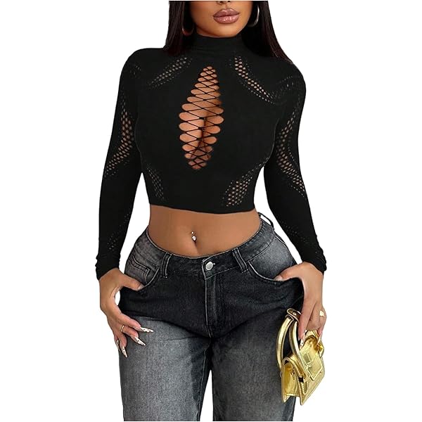 Floerns Women's Choker Neck Cutout Keyhole Sexy Long Sleeve Tee